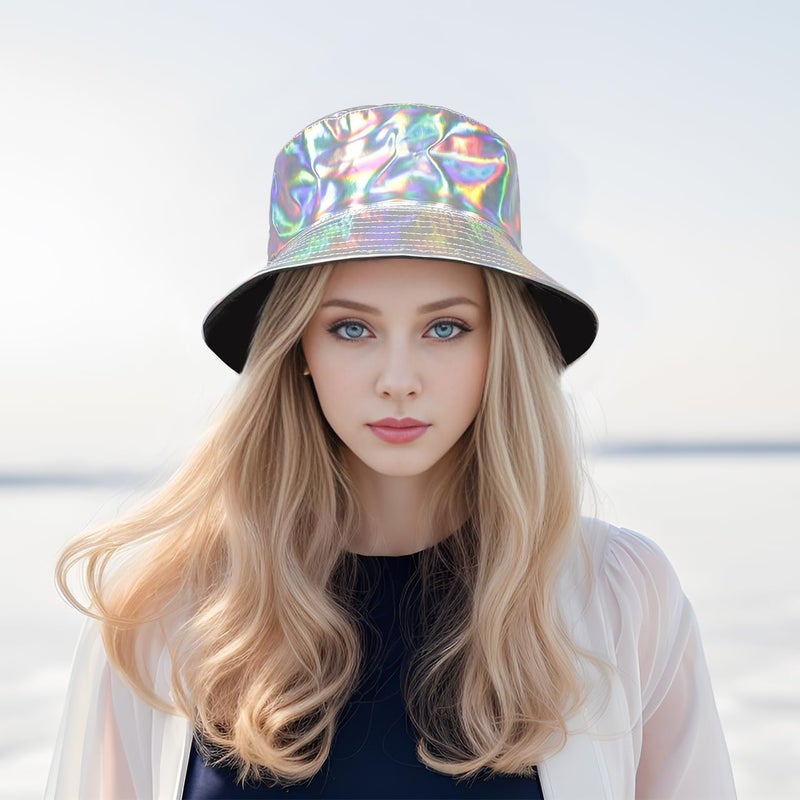 Milakoo Rave Hologram Metallic Bucket Hat Reversible Cap Reflective Waterproof Rain Fisherman Hat - Image 4